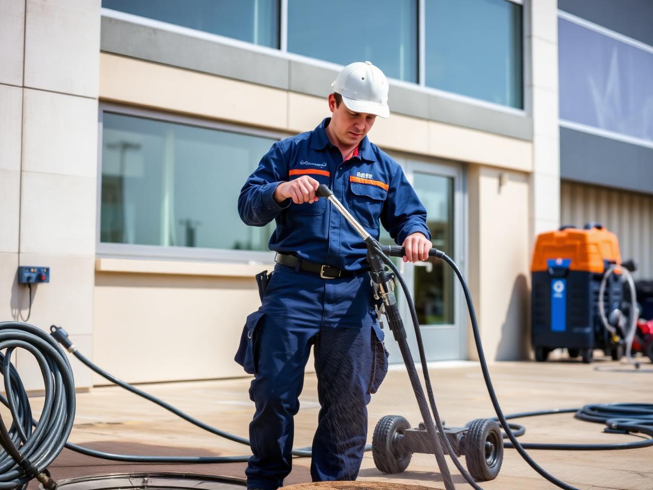 Técnico realizando desentupimento com hidrojateamento
